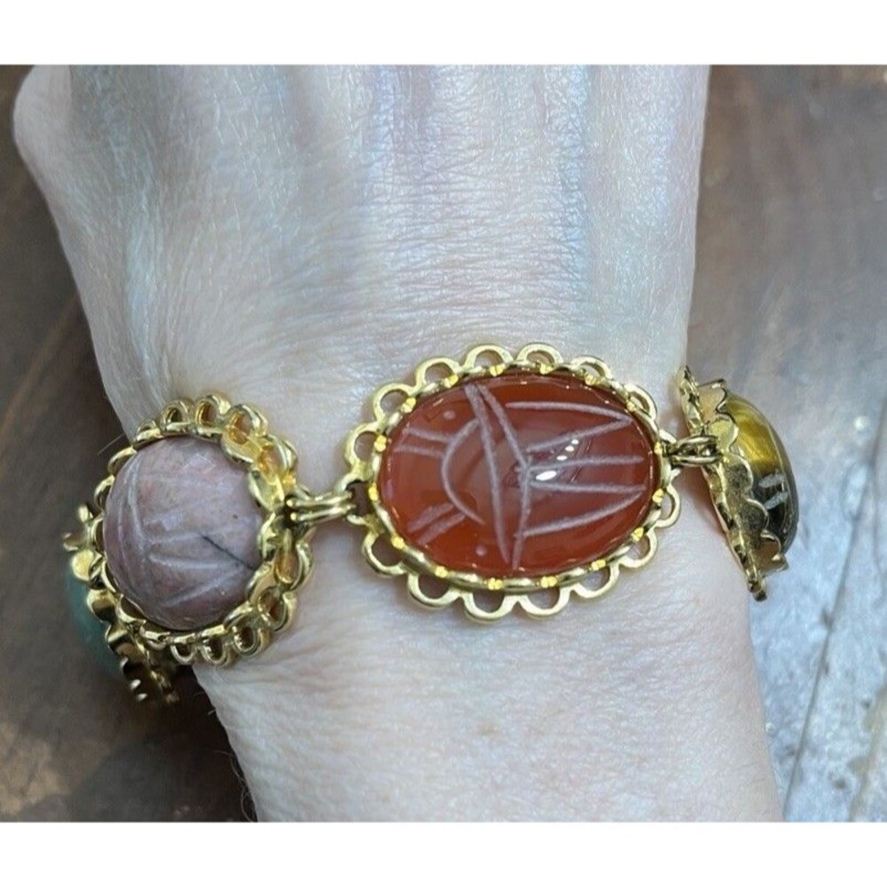 Vintage 5 Large Scarab Bracelet Egyptian Revival Carved Stone Sz 6.5~8